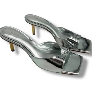 NEW Schutz Dethalia Silver Squared Toe Sandals Size 5 Mirror Metallic Heels